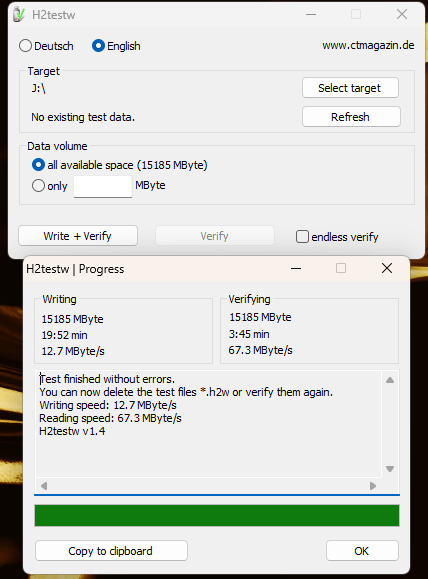 Test complete showing successful test of capacity and no errors of the tested card