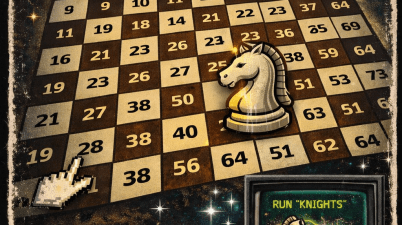 Retro-style cassette cover artwork for a Knight’s Tour program on the Amstrad CPC, showing a numbered chessboard, a knight piece, and a glowing path representing the solution across all 64 squares.