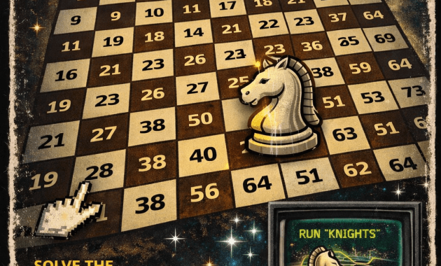 Retro-style cassette cover artwork for a Knight’s Tour program on the Amstrad CPC, showing a numbered chessboard, a knight piece, and a glowing path representing the solution across all 64 squares.