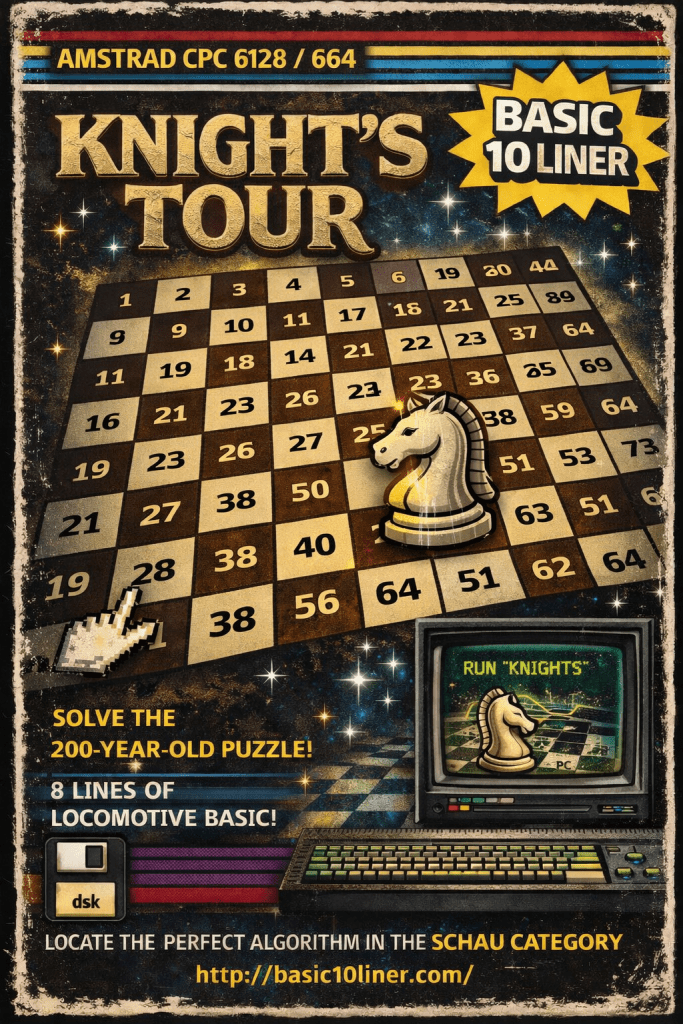 Retro-style cassette cover artwork for a Knight’s Tour program on the Amstrad CPC, showing a numbered chessboard, a knight piece, and a glowing path representing the solution across all 64 squares.