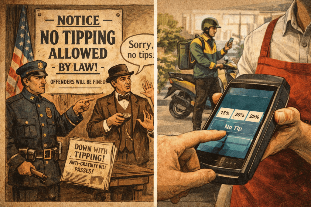 Split illustration showing a 1900s “No Tipping Allowed by Law” scene alongside a modern card payment terminal asking for tip percentages.