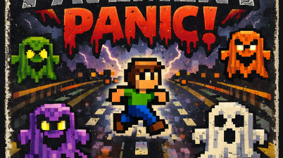 Retro cassette cover artwork for “Pavement Panic” on the Amstrad CPC, showing a pixel character running along a road while surrounded by colourful ghost enemies, styled like a vintage 1980s arcade game.
