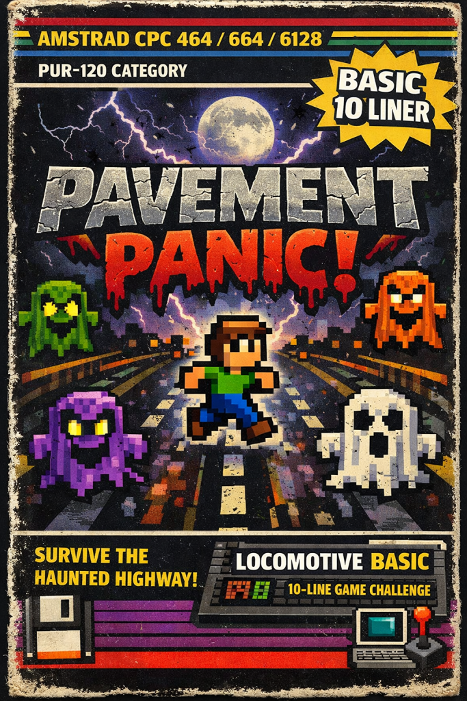 Retro cassette cover artwork for “Pavement Panic” on the Amstrad CPC, showing a pixel character running along a road while surrounded by colourful ghost enemies, styled like a vintage 1980s arcade game.