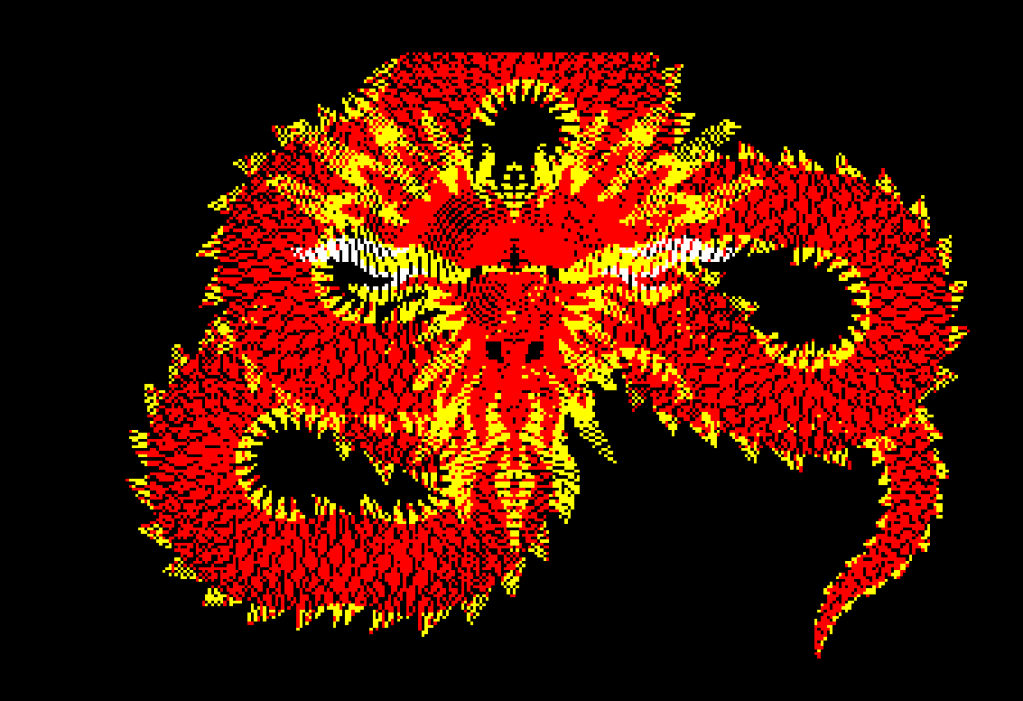 Procedurally generated dragon in red and yellow colours on a black background, created using 10-line BASIC code on the Amstrad CPC