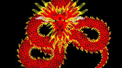 Procedurally generated dragon in red, yellow, and white on a black background, rendered on a BBC Micro using 10-line BASIC code