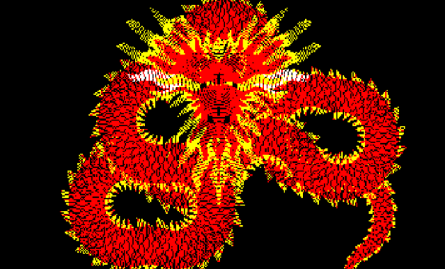 Procedurally generated dragon in red, yellow, and white on a black background, rendered on a BBC Micro using 10-line BASIC code