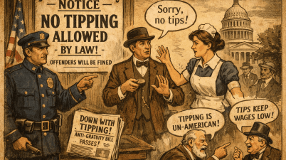 Vintage illustration showing a “No Tipping Allowed by Law” sign with a policeman, waitress and customers debating tipping in early 20th-century America.