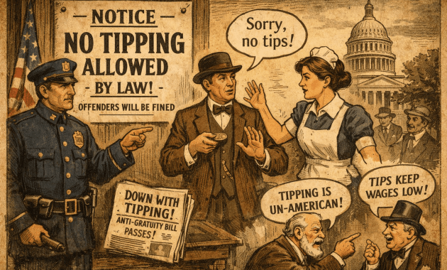 Vintage illustration showing a “No Tipping Allowed by Law” sign with a policeman, waitress and customers debating tipping in early 20th-century America.