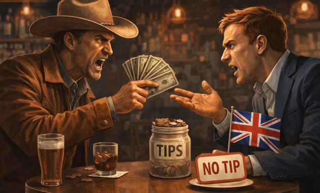 Illustration of an American and British diner arguing about tipping culture at a bar, symbolising the debate over tipping expectations.