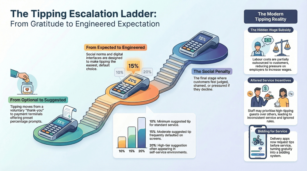 Infographic illustrating the tipping escalation ladder from optional tipping to engineered tipping and social pressure not to decline.