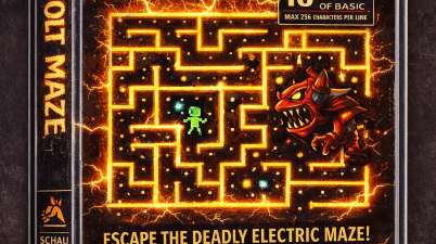 Retro cassette cover artwork for “Volt Maze” on the Amstrad CPC, featuring a glowing orange electrified maze, a small green player character, and a red robotic hunter, styled like a classic 1980s home computer game.