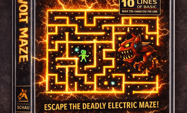 Retro cassette cover artwork for “Volt Maze” on the Amstrad CPC, featuring a glowing orange electrified maze, a small green player character, and a red robotic hunter, styled like a classic 1980s home computer game.