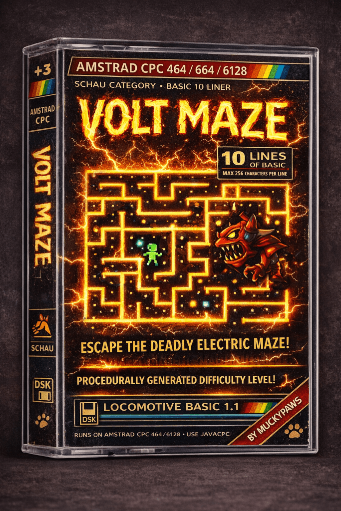 Retro cassette cover artwork for “Volt Maze” on the Amstrad CPC, featuring a glowing orange electrified maze, a small green player character, and a red robotic hunter, styled like a classic 1980s home computer game.