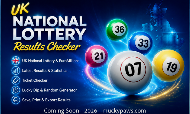 UK National Lottery Results Checker splash screen showing Lotto balls, UK map and features including ticket checking, statistics and export options.