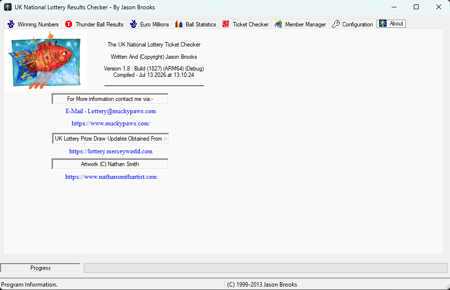 About dialog showing UK National Lottery Results Checker Build 1827 compiled in July 2026.